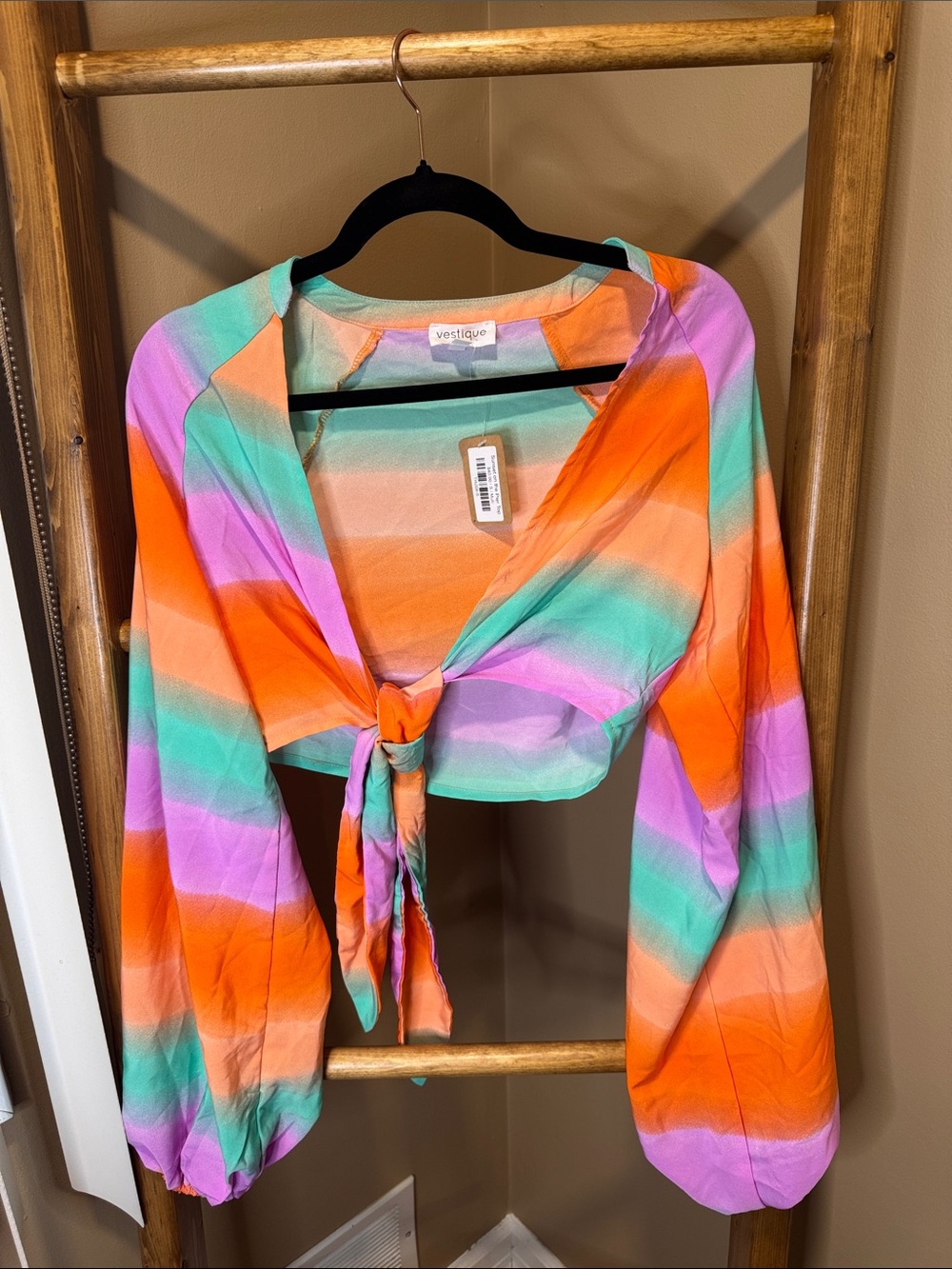 vestique Striped Tie-Front Crop Top in Orange, Mint & Lilac